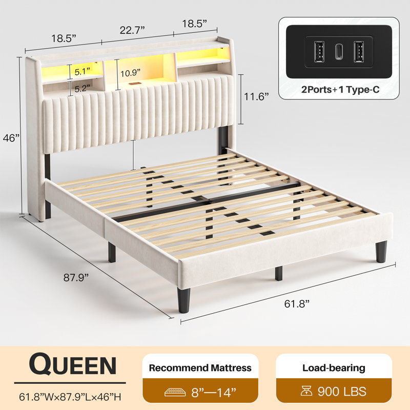 Upholstered Platform Bed With Storage Headboard, Led Lights & Charging Station, Beige, Queen