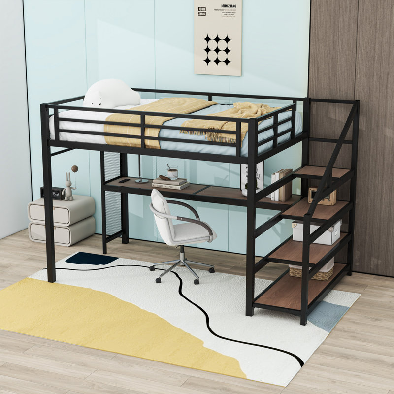 Lit mezzanine avec lumières DEL, ports USB et escalier de rangement, Double