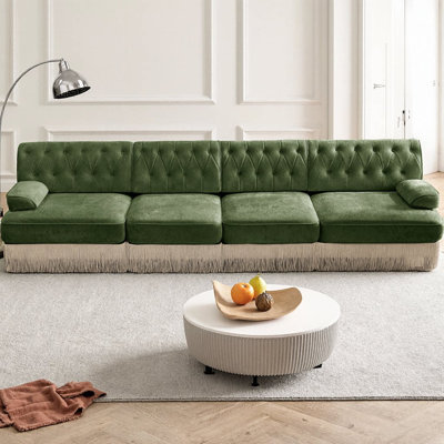 135" Modular Velvet Sectional Sofa, Chesterfield Style with Button Tufting & Tassel Skirt, 4-Seater Sofa with Premium Wooden Base, High-Resilience Foam for Living Room Lounge
