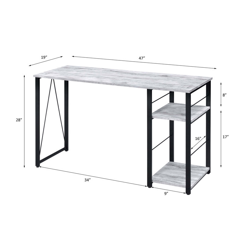 Bureau rectangulaire avec piètement en métal et étagères à 2 niveaux, fini blanc antique et noir, composition idéale pour un bureau à domicile