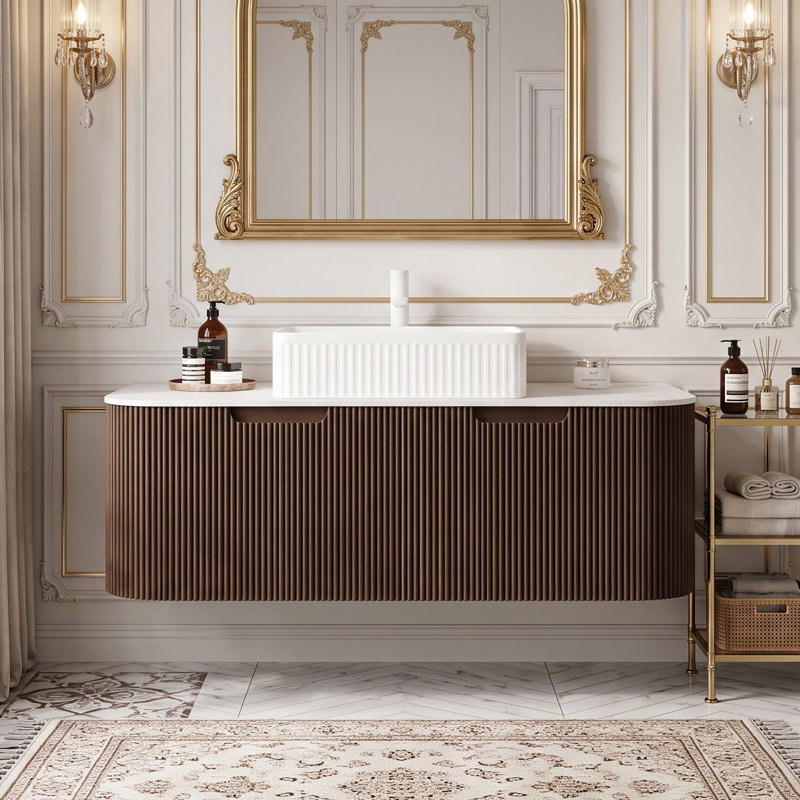 Meuble-lavabo mural simple 48 po avec plateau en marbre, Noyer foncé
