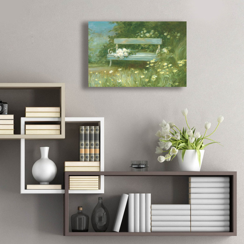 «Banc de jardin avec bouquet de roses» par Danhui Nai, art mural en verre acrylique, H 16 po x l 24 po x P 0,2 po