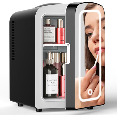 Stylish 4L Mini Fridge W/ Led Mirror - Quick Chill 6 Cans, Ac/Dc, Ideal For Car, Office & Dorm, Sleek Black