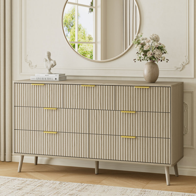 Fluted 7-Drawer Double Dresser For Bedroom, 55.1" Modern Chest Of Drawers With Deep Drawers, Curved Profile Design, Wood Drawer Organizer For Living Room, Hallway, Nursery, Hallway Closet
