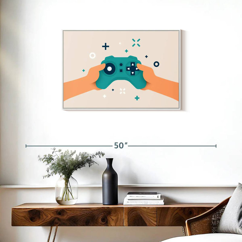 Caricature de manette de jeu vidéo, Cadre flottant blanc, 31 po x 21 po
