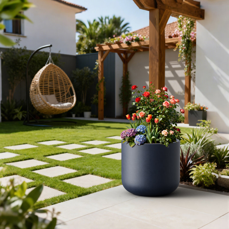 17.5 in. Large Navy Blue(Upgraded Interior) Concrete Round Planter / Pot with Drainage Hole for Indoor & Outdoor, Navy Blue