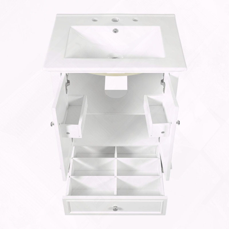 Meuble-lavabo de salle de bain avec lavabo en céramique à portes à fermeture douce et tiroir divisé, Blanc