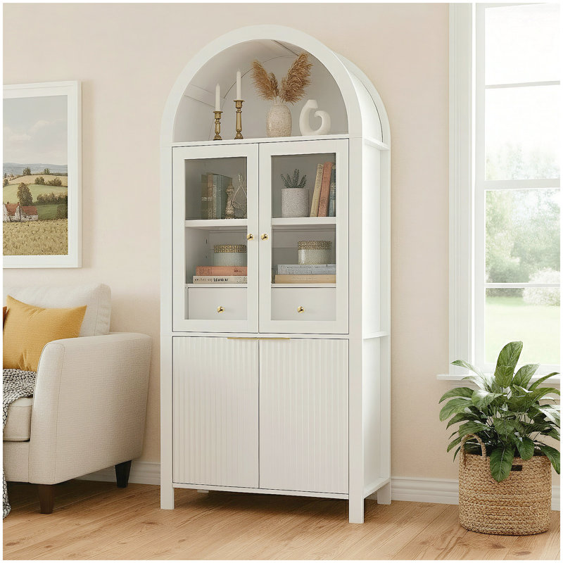 Grand garde-manger arqué cannelé de 71 pouces avec tablettes réglables, rangement élégant avec tiroir caché et porte vitrée pour la cuisine et les espaces de vie