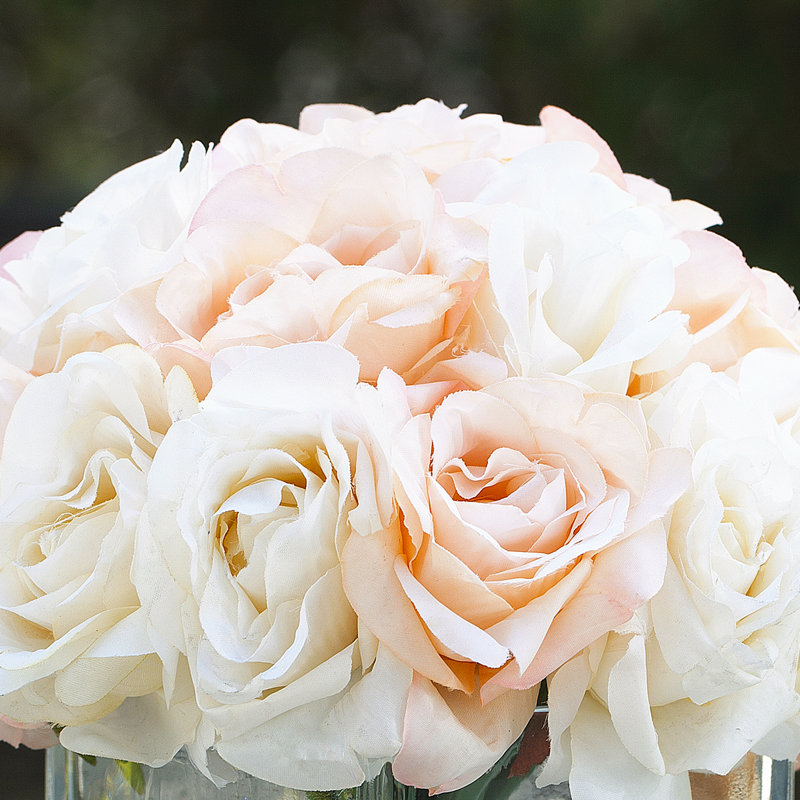 Cream Beige Silk Rose Arrangement in Clear Glass Vase