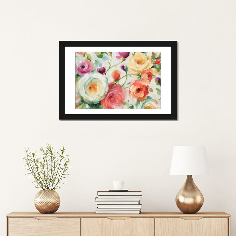 «Florabundance I», reproduction sur toile, H 24 po x l 32 po x P 1 po, Papier d'art encadré noir, Blanc