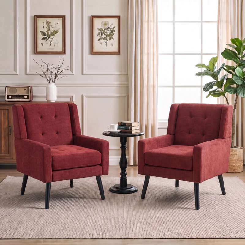 26.77" Mid-Century Modern Accent Chair With Linen Upholstery, Tufted Back And Black Solid Wood Legs(Set Of 2), Red