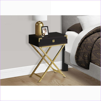 Table basse peu encombrante avec plateau en stratifié espresso, pieds en X dorés et tiroir pour le salon / la chambre à coucher