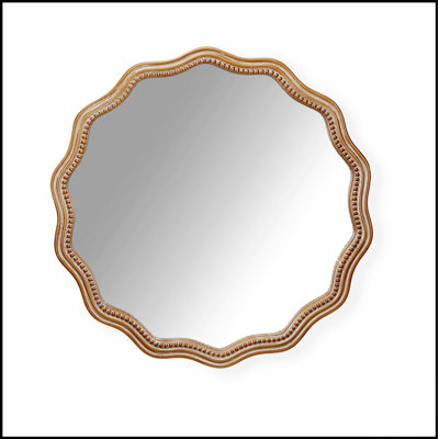 23.62 Inches Wood Round Wavy Wall Mirror, Large Decorative Scalloped Mirror For Modern Farmhouse Bathroom And Living Room Decor