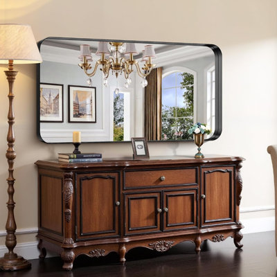 Black Bathroom Mirror, 30"X60" Rectangular Mirror With Deep Metal Frame, Rounded Corner, Tempered Glass, Large Mirror For Wall, Over 2 Sinks, Installed Vertically/Horizontally, Crystal-Clear