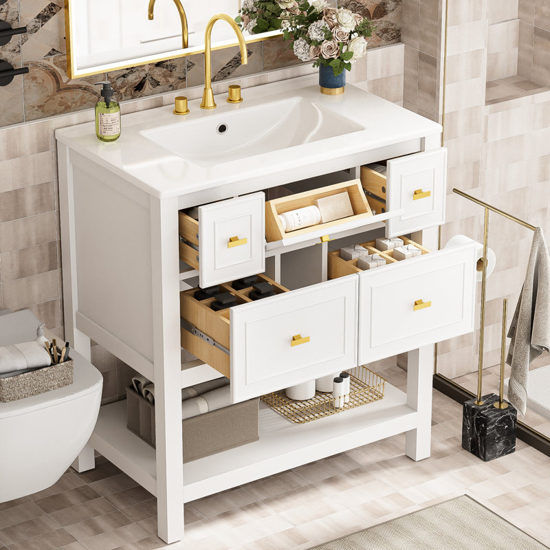 Armoire de salle de bain moderne 30 po - lavabo en céramique, bois massif, 5 tiroirs, meuble-lavabo blanc avec cadre en bois