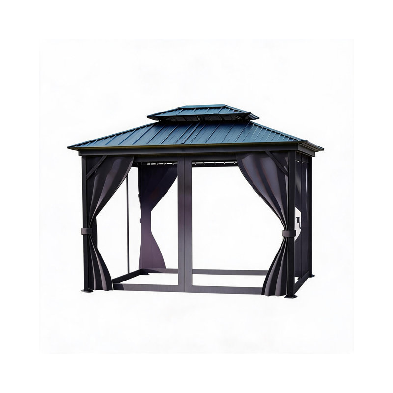 Pavillon de jardin 12 po x 14 pi avec toit en acier double, structure en aluminium, rideaux et filet pour terrasse de jardin