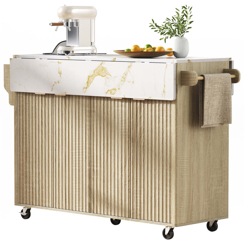 55.5" Fluted Kitchen Island With 2 Drop Leaf, Kitchen Storage Cart With Power Outlet, Natural