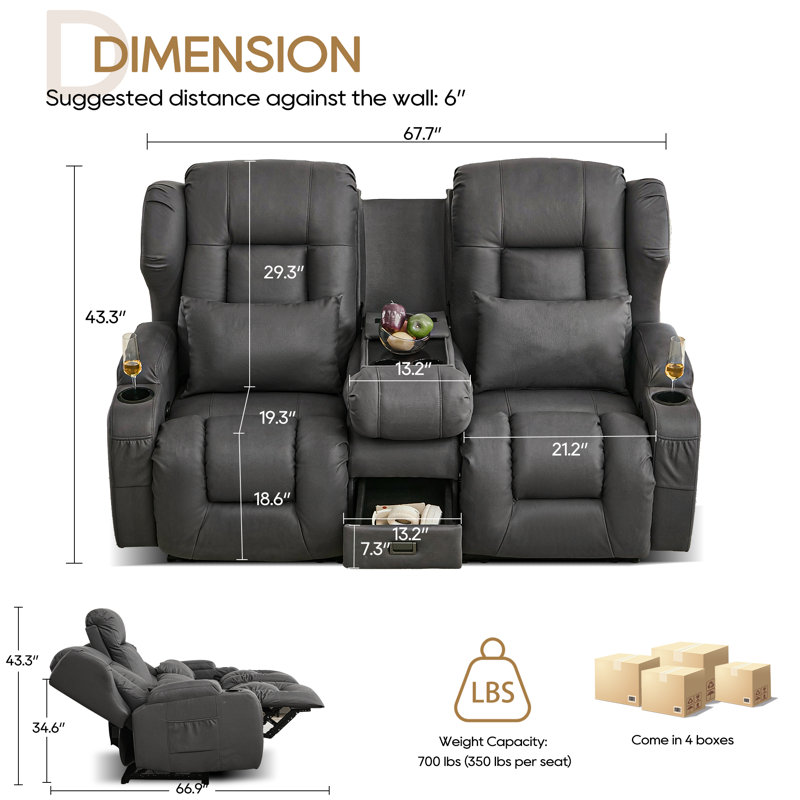 Loveseat Recliner with Flip-Top Storage Console, Manual Double Reclining Sofa with Pockets, Cup Holders, and Pillows