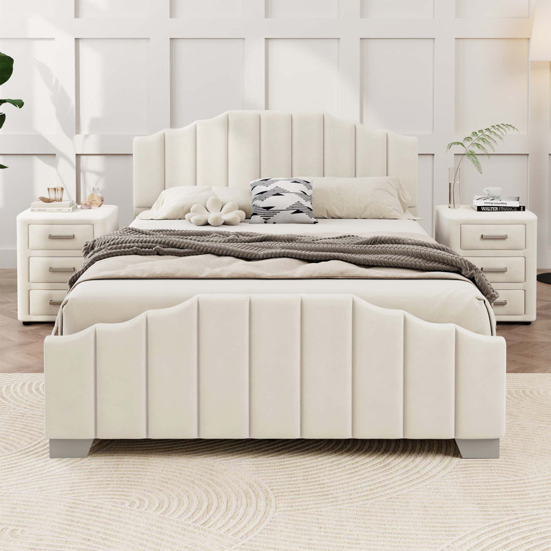 Tête de lit et pied de lit capitonnés en velours, avec sommier tapissier Velvet, Grand lit, Beige