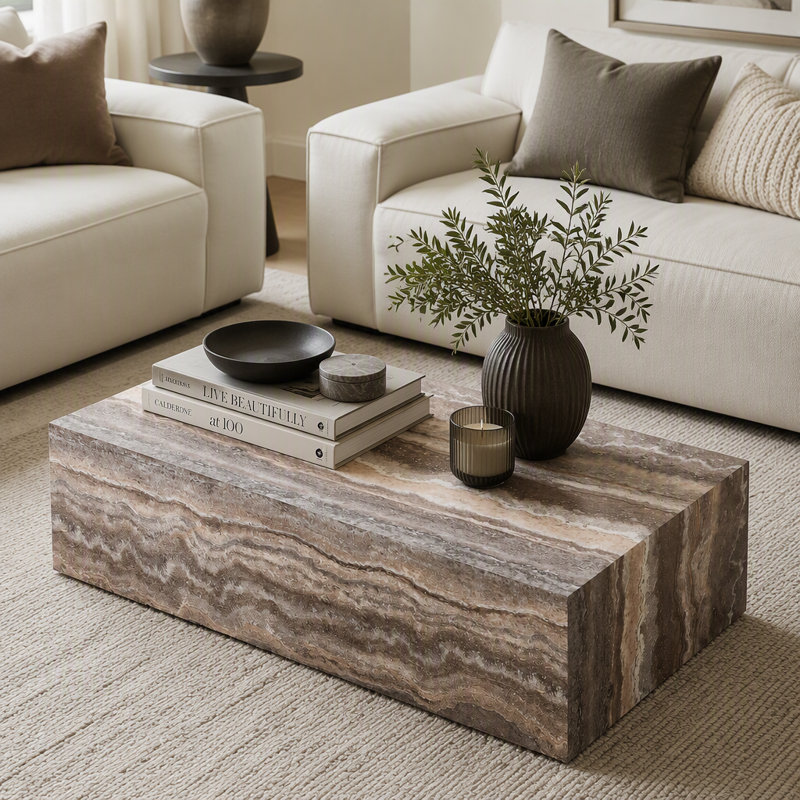 Rectangular MDF Coffee Table with Cave Stone Pattern and Non-Slip Pads