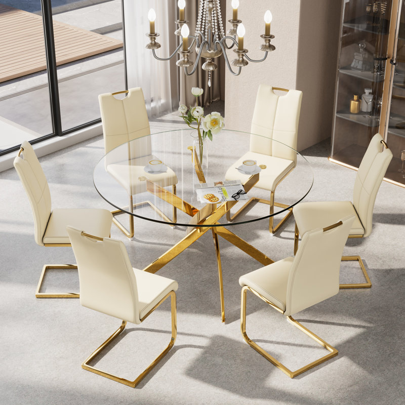 Ensemble de salle à manger 7 pièces, H 29,5 po x L 47,2 po x l 47,2 po, Jaune, Doré