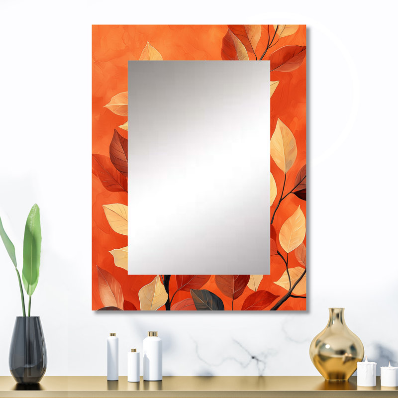«Terracotta Leaves Layers Of Forest II» - miroir à feuilles, miroir mural traditionnel unique, impression d'art en métal