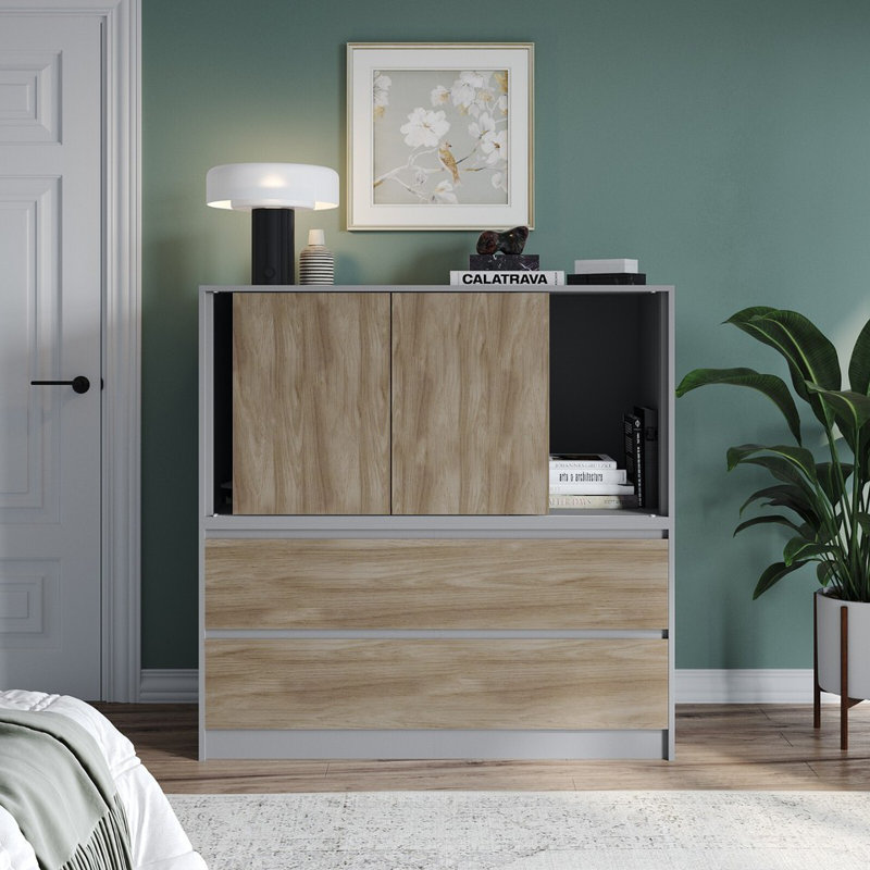 Solid Wood Rectangle Accent Cabinet, Grey with Oak