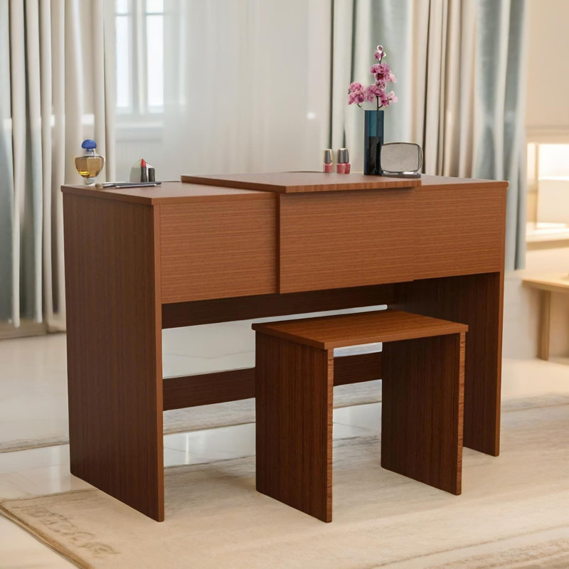Akeesha Walnut Dressing Table with Mirror and Stool Dresser Makeup Desk Bedroom