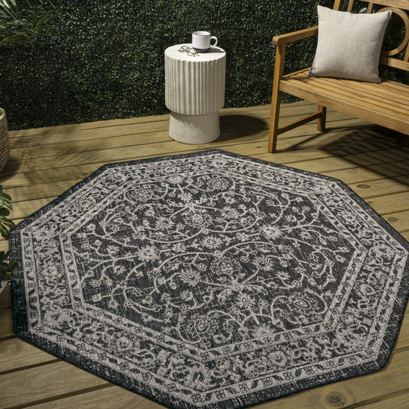 Tapis intérieur / extérieur noir / gris Mark tissé texturé vigne et bordure, Octogone 7 pi 9 po