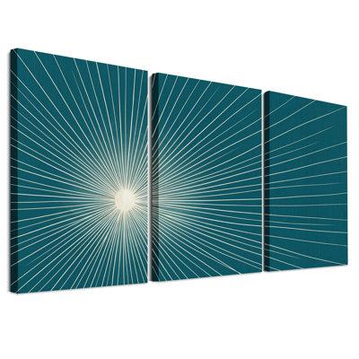 Ensemble de 3 toiles murales représentant des lignes blanches rayonnantes sur fond turquoise