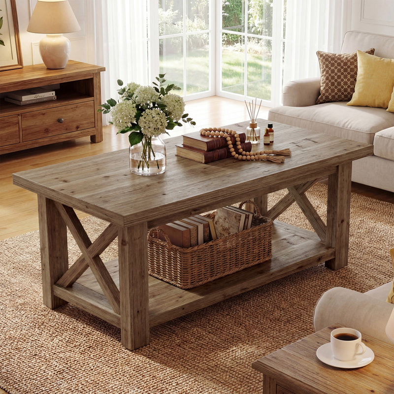 Table basse rectangulaire en bois massif de 47,24 po avec tablette à 2 niveaux pour le salon
