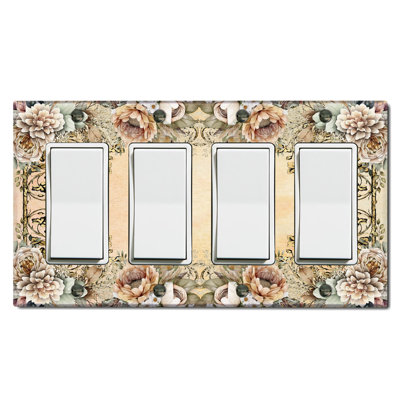 Metal Light Switch Plate Outlet Cover (White Flower Frame Beige - Quadruple Rocker)