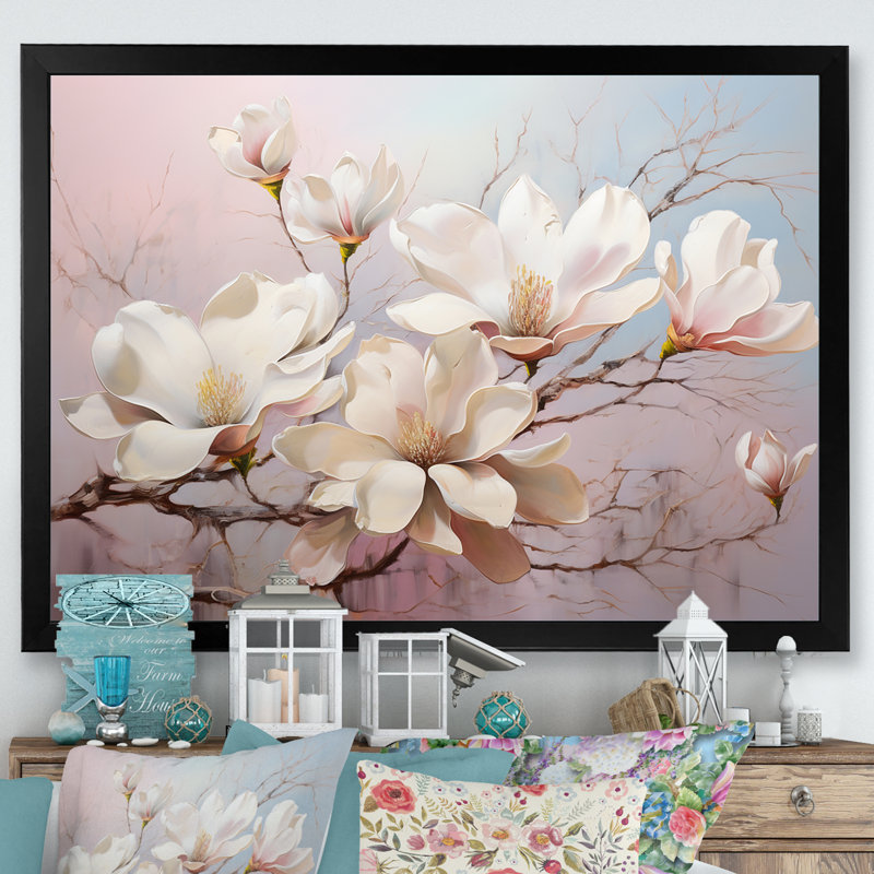 Sérénade de magnolias sur toile, Cadre simple noir, H 12 po x l 20 po x P 1 po