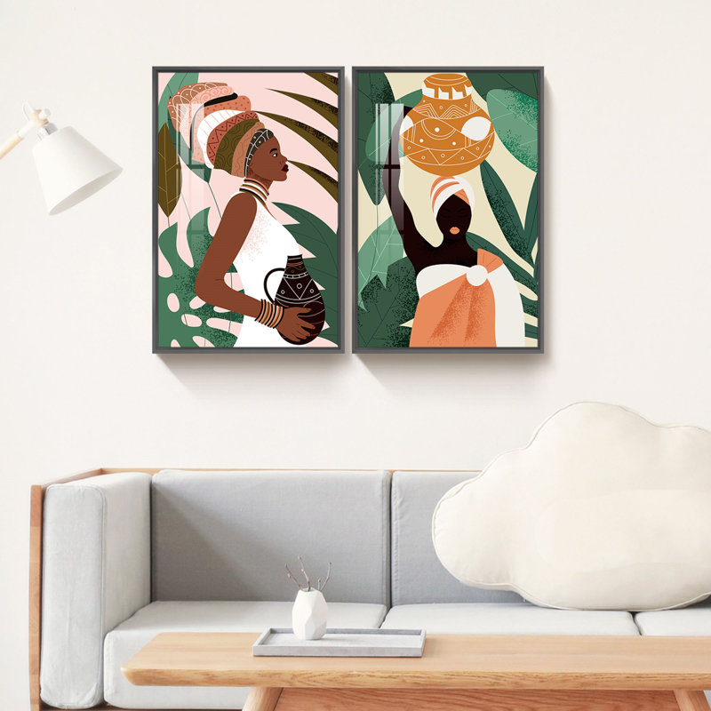 BOHO Wall Art - 2 Piece Single Picture Frame Print Set on Canvas, Black, 16" H x 24" W x 2.6" D