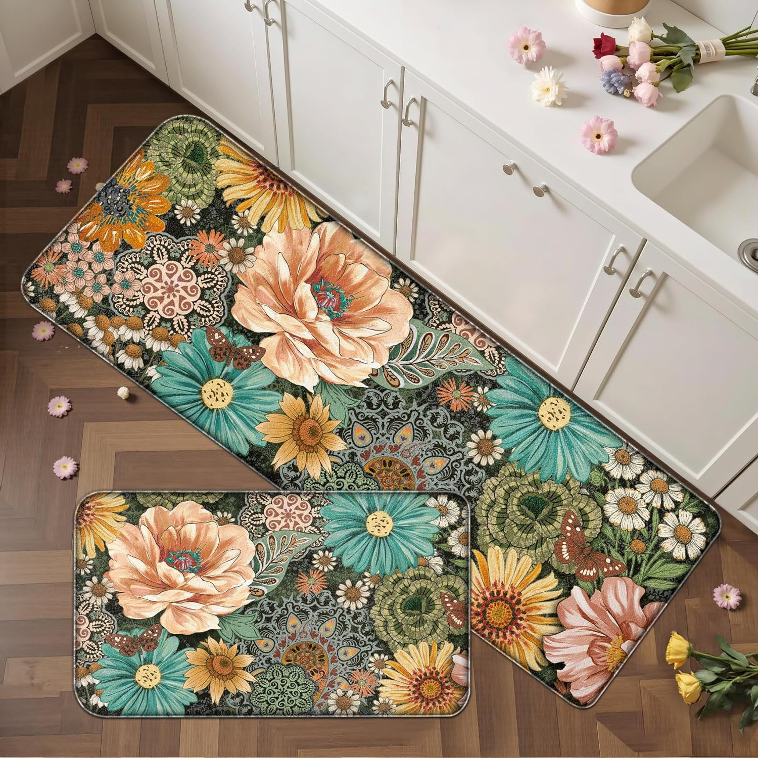 Prep & Savour Boho Floral Anti Fatigue Kitchen Mats | Wayfair