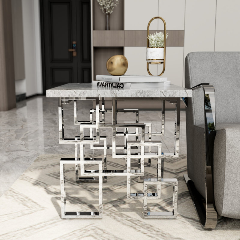 Grey And Silver End Table With Polished Metal Geometric Base