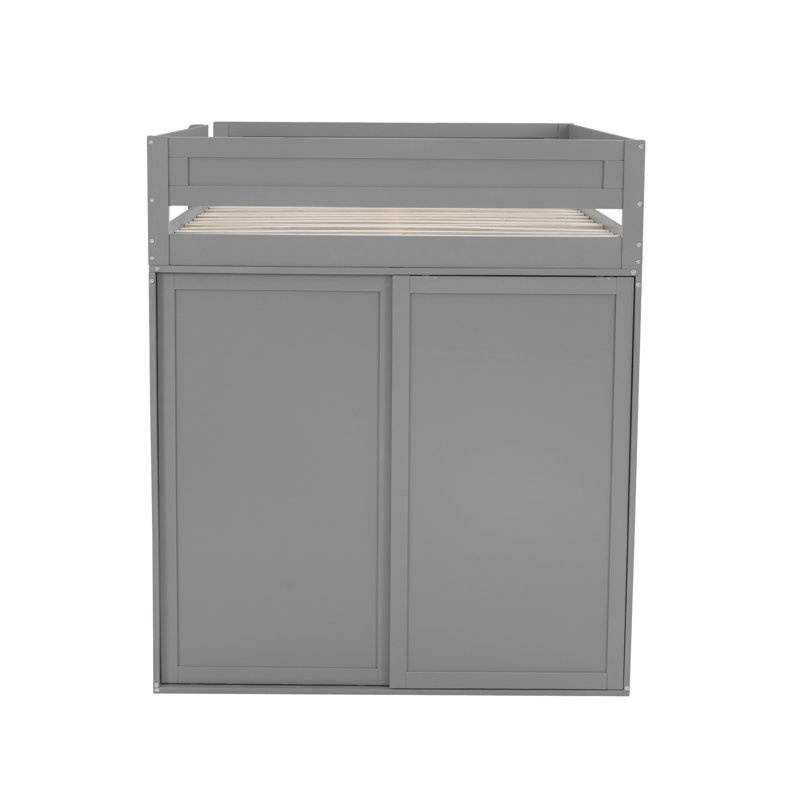Modern Loft Bed With Wardrobes, Desk 2 Drawers & Cabinet In Gray - Space Optimization Concept Full Size Wardrobes And Cabinet, 2 Saving Element