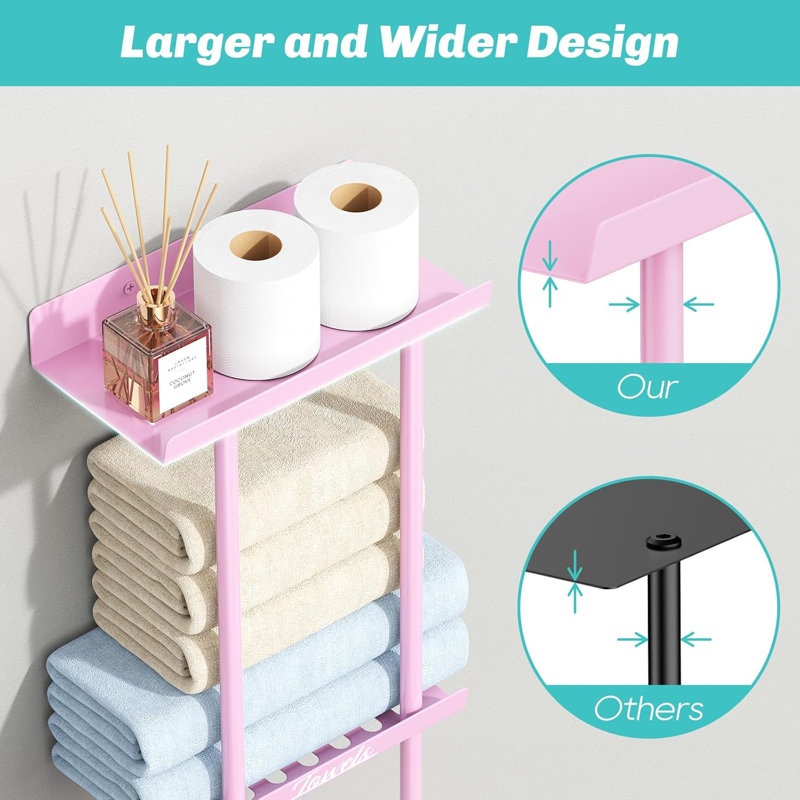 Porte-serviettes mural avec tablette - Conception à double couche peu encombrante pour serviettes roulées et de bain - Fabrication en métal robuste pour un décor de salle de bain moderne
