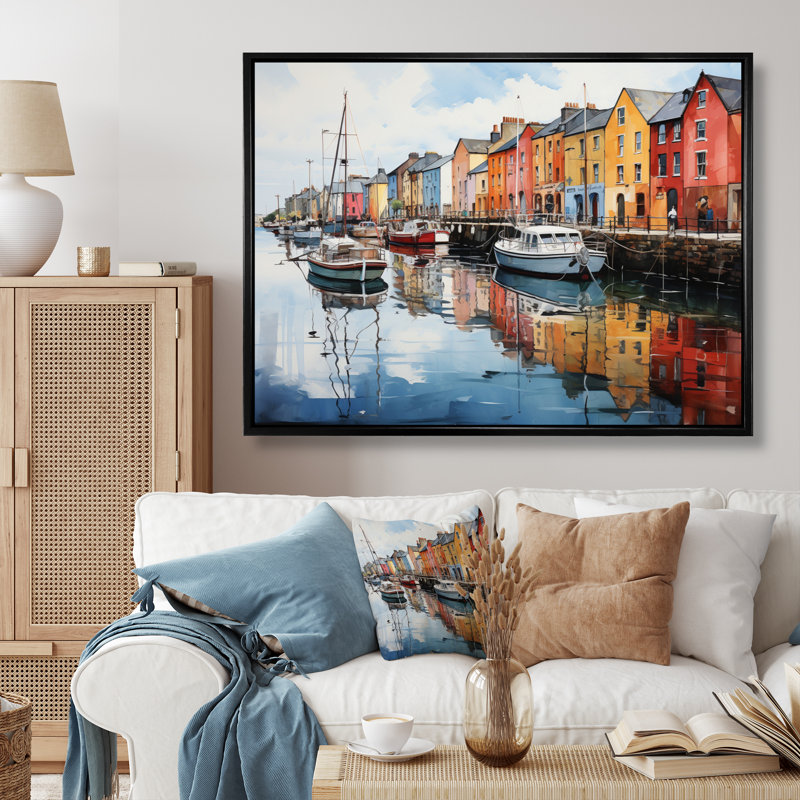 Impression sur toile «Ireland Harbor Reflectionsan II» - Irlande, H 12 po x l 20 po x P 1 po, Cadre flottant noir