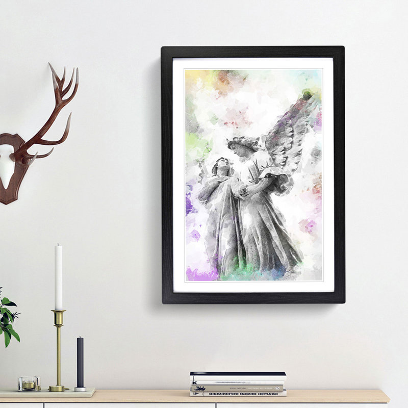 Angel Statue In Abstract - Single Picture Frame Painting, 45cm H x 33cm W x 2cm D, Black Framed