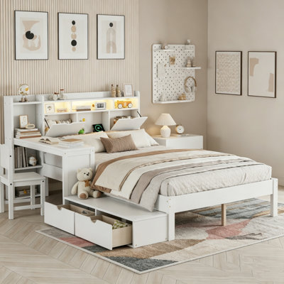Full Platform Bed with Desk, Storage Drawers, and Charging Station