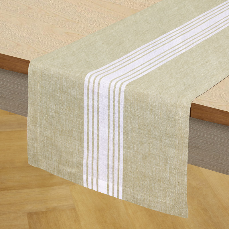 Farmhouse - 100% Pure Linen Table Runner, White/Pale Khaki, 132" x 14"