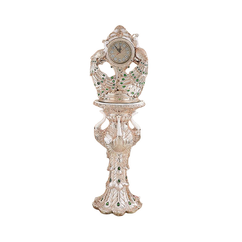Polished Gold Vintage Elegant Peacock Sculpture Floor Clock Ornament, Rose Gold