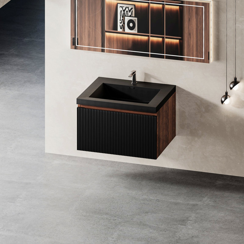 Meuble-lavabo de salle de bain mural avec tiroirs à fermeture en douceur, Noyer / noir