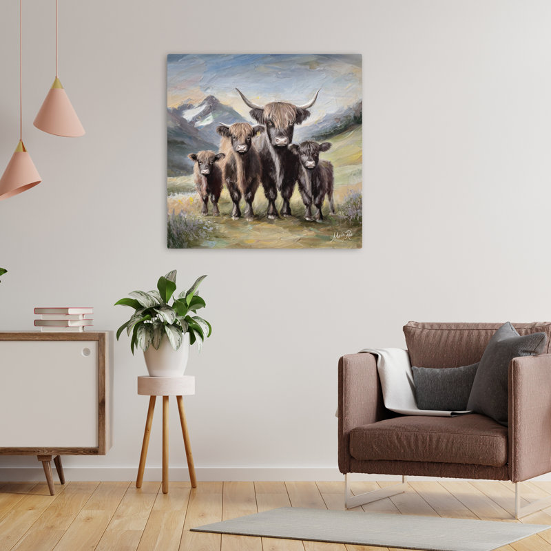 Highland Cow Family, art contemporain, H 24 po x l 24 po