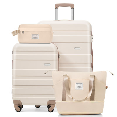 Ensemble de 4 valises 4 pièces - 20 po, valise à carreaux 28 po avec sac de toilette TSA Wet-Dry, ivoire et doré