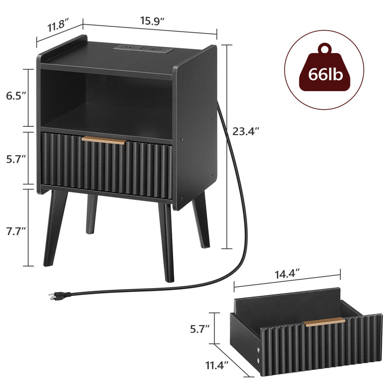 Table de chevet cannelée 23,4 "avec station de charge, table de chevet cannelée, Noir mat
