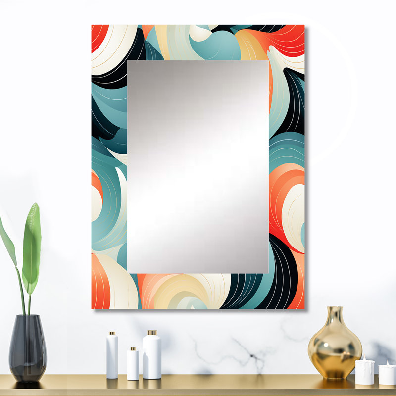 Motifs ondulés géométriques orange et verts - miroir décoratif côtier, miroir mural bleu, impression d'art en métal