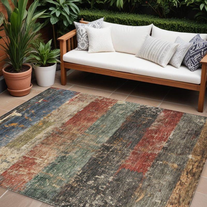 Tapis extérieur lavable rayé noir et terre cuite 9 pi x 12 pi