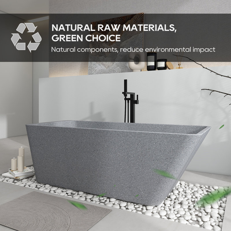 65'' Freestanding Soaking Terrazzo Bathtub With Center Drain In Gray